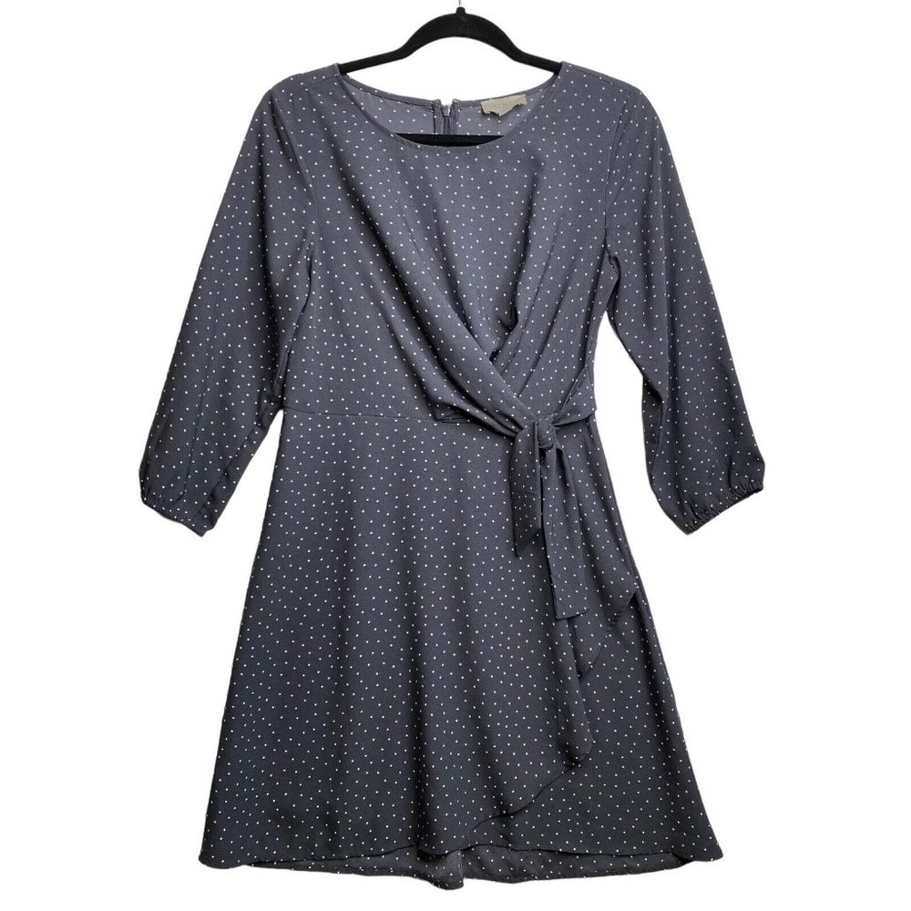 Loft Grey And White Polka Dot Wrap Dress‎ size 2 Business Church Office Casual